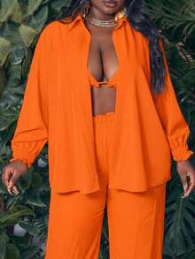 SHEIN CURVE+ Bộ đồ 3 món dành cho nữ cỡ lớn, màu trơn, gồm áo hai dây buộc cổ, quần và áo khoác cardigan, thích hợp mặc hàng ngày. - Màu Cam cháy - Xem 6
