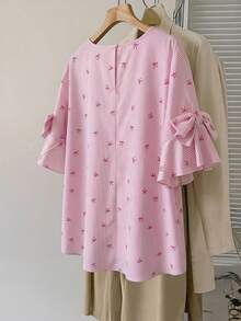 SHEIN CURVE+ Curve 尺码 US22 音乐节、海滨度假、波西米亚风女士蝴蝶结装饰圆领紫红色衬衫，夏季 - 彩色 - 查看 2