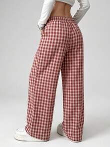 SHEIN EZwear 休闲格子直筒裤 - 紅白色 - 查看 3