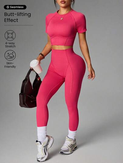 Seamluxe SHEIN Sport 女士无缝修身短袖上衣和紧身裤运动套装