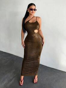 SHEIN SXY Vestido de moda ajustado con diseño de corte para mujer sin mangas - Dorado - Ver 6
