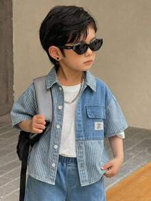SHEIN 2件套 男童宽松牛仔蓝短袖衬衫和短裤套装 - 淺色水洗藍 - 查看 4