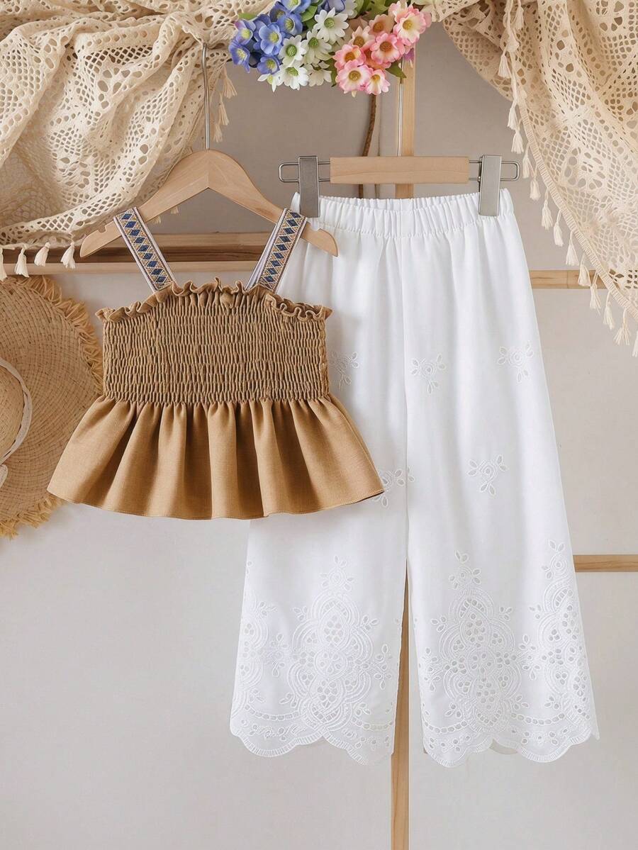 2pcs/Set Young Girl Korean Style Retro Embroidered Ribbon Ruffle Camisole Top & Floral Pants,Summer Matching Holiday Family Vacation Outfits