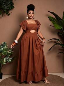 Maweii Vestido elegante plus size feminino para férias, cor sólida, decote quadrado, mangas com babados e recorte na cintura. - Castanho - Ver 3