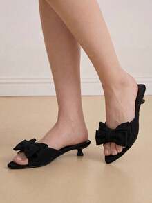 Eladyva Dép sandal mũi nhọn nơ Pháp mới 2025 cho nữ, thân trên bằng da lộn, gót thấp thoải mái - màu đen - Xem 4