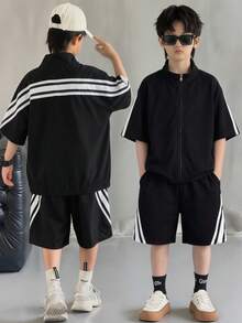 SHEIN 两件套儿童/青少年男童翻领短袖衬衫短裤套装，黑色，梭织衬衫套装，适合春夏穿着，适用于外出、情人节、约会、旅行、度假、家庭聚会、返校、婚礼、派对、运动、生日等场合。 - 黑色 - 查看 2