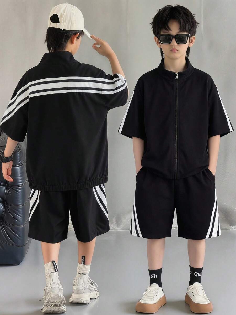SHEIN 两件套儿童/青少年男童翻领短袖衬衫短裤套装，黑色，梭织衬衫套装，适合春夏穿着，适用于外出、情人节、约会、旅行、度假、家庭聚会、返校、婚礼、派对、运动、生日等场合。
