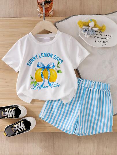 Elladie kids 女童（小号）白色短袖圆领柠檬印花T恤和蓝色条纹短裤两件套，夏季儿童时尚清爽舒适休闲户外服装