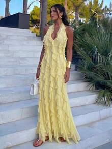 Firerie Vestido sin mangas con cuello halter, espalda descubierta y volantes de malla de color amarillo pálido sólido para mujer - Amarillo claro - Ver 6