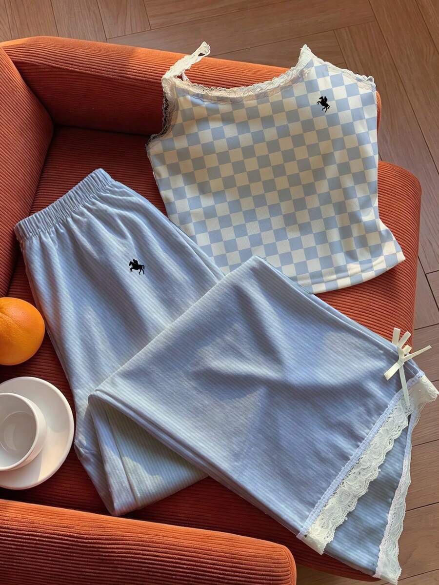 SHEIN EZwear 女士休闲黄色蕾丝边吊带背心和条纹裤两件套,返校季米黄色两件套 - 淺藍色 - 查看 1