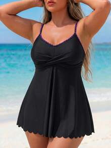 SHEIN Swim Plus Size Women 2 Pieces Swimwear, Printed Tankini Swimwear For Summer Holiday - Black - View 5