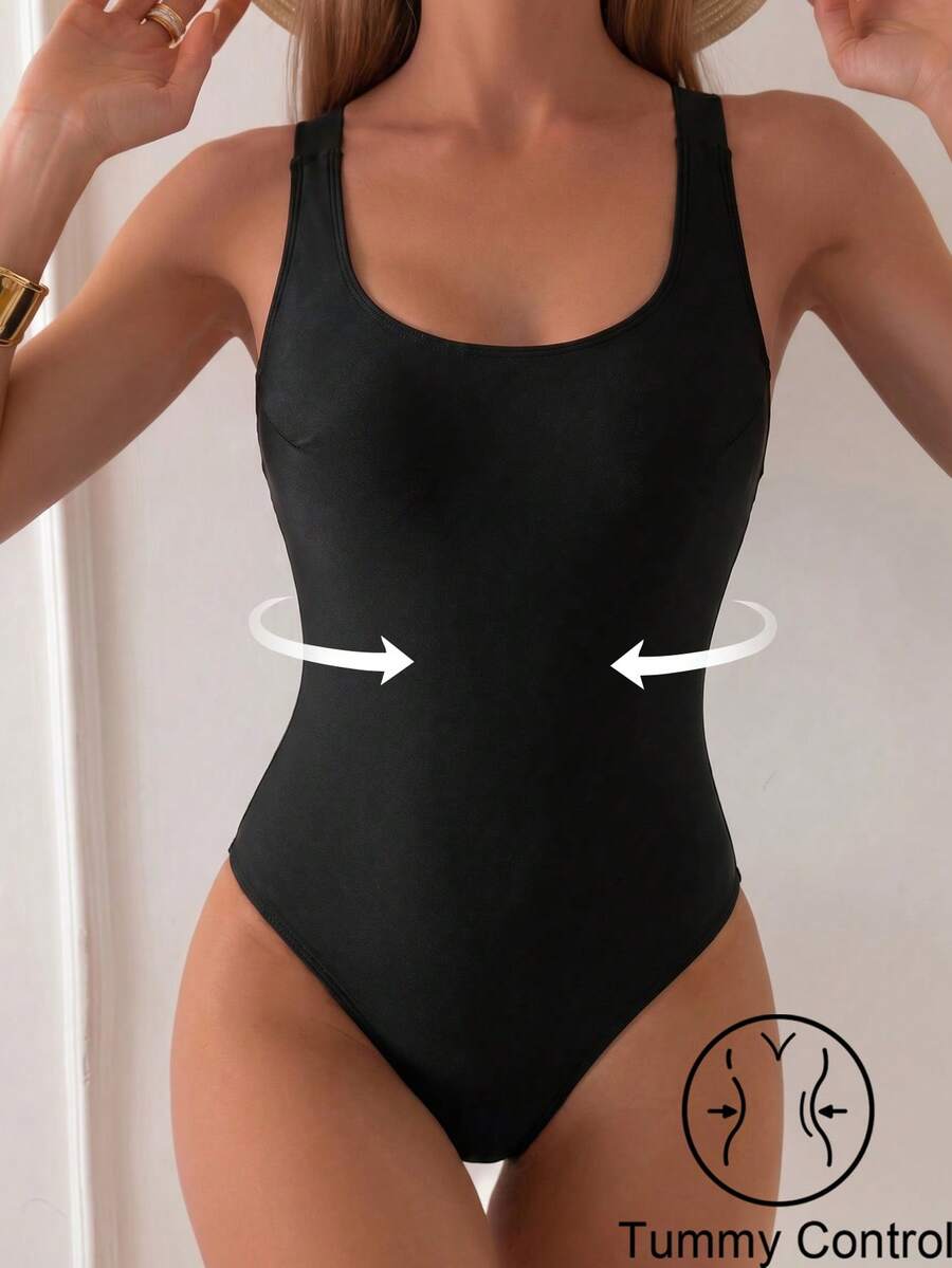 Swim Basics Đồ bơi tập luyện Racerback một mảnh chéo lưng mới cho nữ, đồ bơi thi đấu một mảnh thon gọn - màu đen - Xem 1