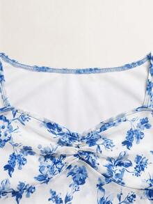 SHEIN Tween Girls' French Elegant Long Sleeve Textured Floral T-Shirt - Baby Blue - View 4