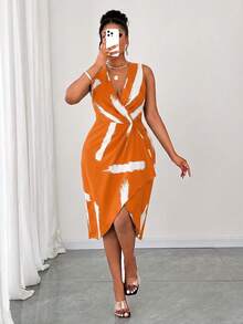 Maweii Vestido sin mangas con cuello en V y estampado de talla grande - Naranja - Ver 3
