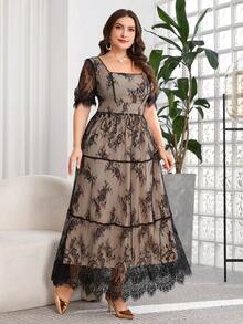 SHEIN Clasi Plus Size Elegant Lace Double-Layer Dress - Black - View 8