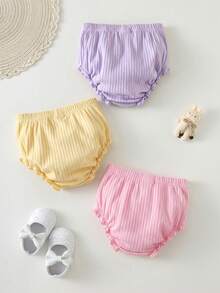 Cozy Pixies 3pcs Baby Girl Solid Color Comfortable Elastic Waist Triangle Shorts Set, Summer Shorts & Crawler Pants - Multicolor - View 2