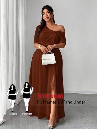 SHEIN PETITE CURVE Đầm dạ hội thanh lịch, lãng mạn dành cho nữ cỡ lớn, chất liệu chiffon nhẹ, lệch vai, xẻ tà, thích hợp dự tiệc.