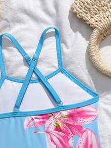 SHEIN Bộ áo tắm liền thân in hoa và chân váy xếp tầng đôi cho bé gái, kiểu dáng đi biển/nghỉ mát. - Màu xanh nhạt - Xem 5