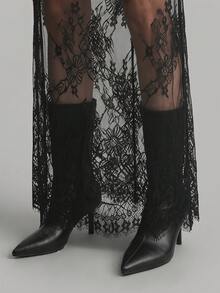 Ontre Women's Black Floral Lace Maxi Skirt, Fashionable Goth Sheer Lace Long Skirt, Women's Versatile Casual Skirt Series Party Summer - Black - View 4