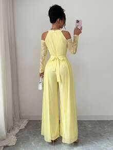 Modelyn Lace Patchwork Long Sleeve Off-Shoulder Sequin Elegant Jumpsuit For Women Party Pale Yellow Summer - Yellow - View 7