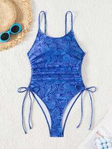 SHEIN Swim 女士夏季沙滩度假印花细肩带露背抽绳侧边修身连体泳衣 - 藍色 - 查看 3