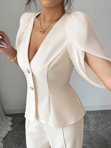 Elenzga Aprikot Chiffon Jacke mit geraffter Taille, kurzen Ärmeln, V-Ausschnitt Bluse und gerade geschnittene Hose, Zweiteiler, elegant und vielseitig für Büro und Lässig, Sommer - Aprikosenfarben - Übersicht 5