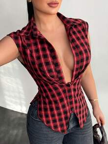 SHEIN x Luisa Sonza SHEIN SXY 夏季时尚性感格子V领收腰开衩衬衫 - 紅色和黑色 - 查看 5