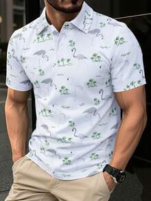 Manfinity Homme Kemeja Polo Pria Kasual untuk Liburan dengan Motif Pohon Kelapa & Flamingo - Putih - View 3