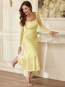 Vintamour Vintage Classic Elegant Women's Dress, Spring/Summer Fitted Jacquard Knit Dress, Square Collar Dress, Mermaid Hem Bodycon Dress, Apricot Dress - Pale Yellow - View 7