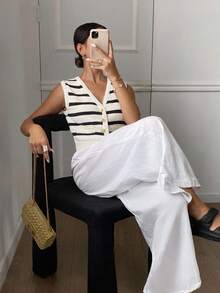 Siren Gaze Women's Black And White Striped V-Neck Single-Breasted Knit Vest,Summer Paris Brunch Style,Minimalist Sleeveless Sweater Cardigan With Pocket,Office - Black and White - View 3