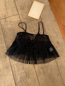 Dazy Kids Blusa de verano informal para niñas preadolescentes con decoración de lazo, volantes y tela de malla transparente - Negro - Ver 3