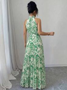 SHEIN Elenzya Ditsy Floral Ruffle Collar Pleated Waist A-Line Elegant Romantic Dress For Women, Suitable For Vacation - Multicolor - View 2