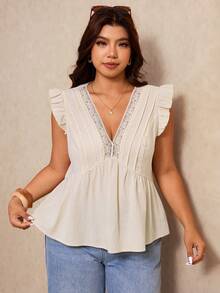 Elaquor Plus Size Women Summer Casual Vacation Solid Color V-Neck Contrast Lace Ruffle Armhole Fold Pleated Babydoll Top - White - View 5