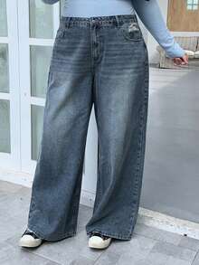 Dazy Plus Plus Size Distressed Washed Wide Leg Long Denim Jeans - Dark Wash - View 6