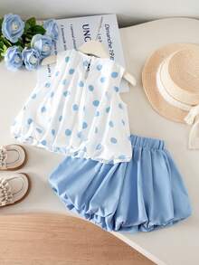 SHEIN Genkimix Kids 2件套女童蝴蝶结装饰休闲无袖上衣+纯色休闲短裤套装 - 藍白色 - 查看 2