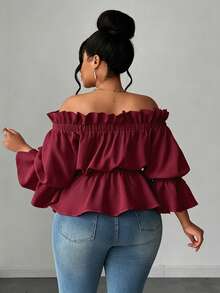 Maweii Blusa elegante de hombros descubiertos con volantes en el bajo, unicolor, talla grande, primavera/verano - Burdeos - Ver 5