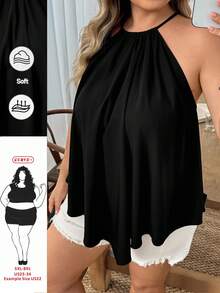 SHEIN CURVE+ Áo kiểu yếm cổ yếm màu trơn dáng rộng, vạt bất đối xứng, cỡ lớn, phong cách thường ngày. - màu đen - Xem 1