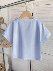 SHEIN Kaos Crop Top Lengan Pendek Kerah Bulat Longgar Warna Polos Kasual untuk Remaja Perempuan - Biru - View 2