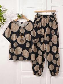 Rusticease Plus Size Summer Casual All-Over Print Round Neck Short Sleeve Top And Drawstring Pants 2 Pieces Set  Women's Country Clothing Casual Sets For Women Summer Summer Outfit For Women Festival Outfits For Women Beach Outfits For Women Vacation Outfits Women Holiday Outfits  For Women Country Concert Outfit - Multicolor - View 7