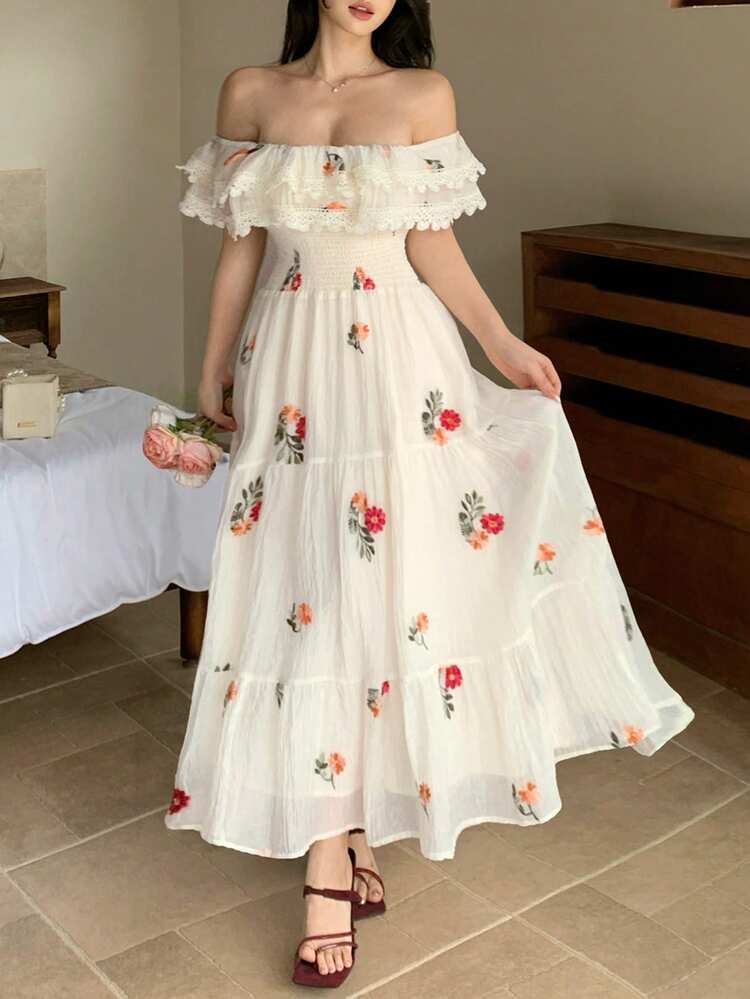 Casual Vacation Style Off Shoulder Long Dress For Women, Spring & Summer
