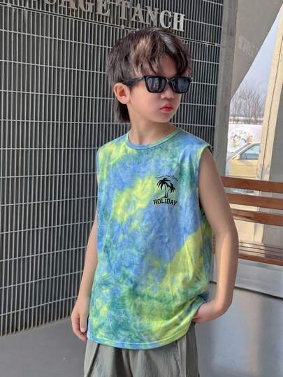 SHEIN Top de tirantes con estampado de árbol de coco efecto tie-dye informal para niño preadolescente, adecuado para ir al trabajo, la escuela, salidas casuales, deportes, primavera/verano, vacaciones