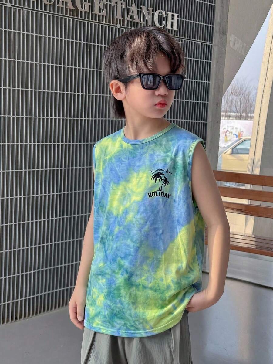 SHEIN Tween Boy Casual Vacation Tie-Dye Coconut Tree Pattern Round Neck Tank Top,Suitable For Commuting,School,Outings,Sports,Spring/Summer, - Blue - View 1