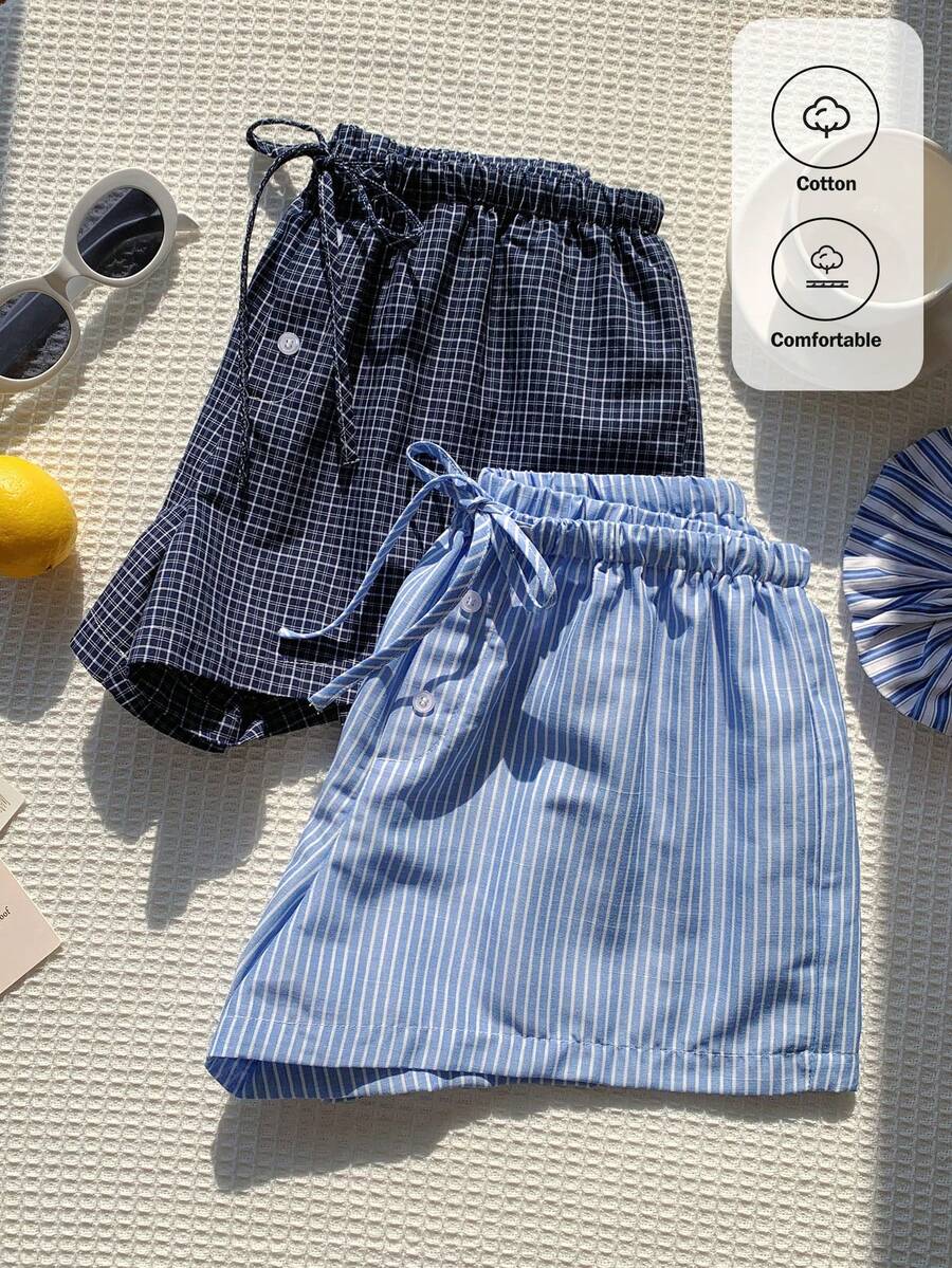 Comfortcana 2件組女款亞麻條紋短褲 海軍藍 夏季休閒居家服 沙灘度假節慶穿搭 Y2K時尚運動健身短褲套裝 - 彩色 - 查看 1