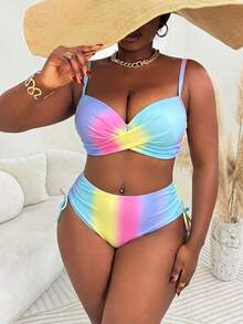 Slaydiva Plus Size Women 2pcs/Set Random Print Underwire Bikini Swimwear, Casual Holiday Outfit - Multicolor - View 4