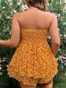 Sunnyshic Plus Size Women Orange Ditsy Floral Strapless Layered Hem Jumpsuit - Orange - View 2