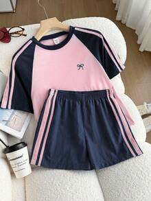 Elladie kids Young Girls Side Stripe Bow Short Sleeve T-Shirt Set - Navy Blue - View 3