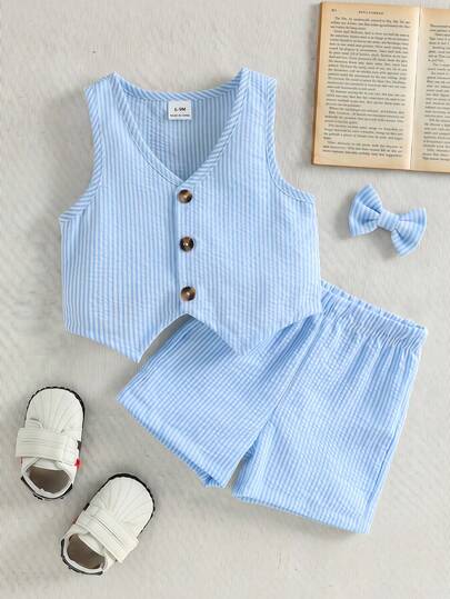 Souflis Souflis Baby Boy Striped V-Neck Single-Breasted Top, Shorts And Bow Tie Suit Set, Suitable For Weddings, Children's Concerts And Other Occasions