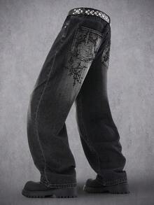 Manfinity Denimwave Men's Casual Pocketed Button Fly Denim Print Pants - Black - View 2