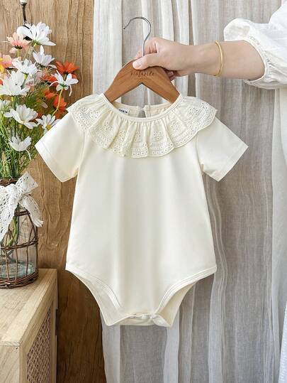 Vintaside Kids Babygirl Infant & Baby GirlSummer Short Sleeve Round Neck Drip Button Simple Casual Bodysuit, Suitable For Daily Leisure, Travel, Camping