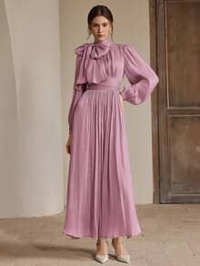 Anewsta Đầm dài nữ, mùa xuân/thu, xếp ly eo, bóng bẩy, thanh lịch, đa năng. - Màu Lilac Tím - Xem 6